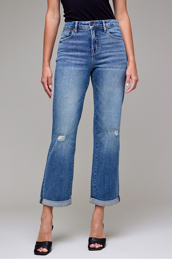 Dark Wash Double Cuffed High Rise Classic Straight